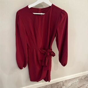 Deep Wine Red Long Sleeve Tie-Waist Midi Dress
